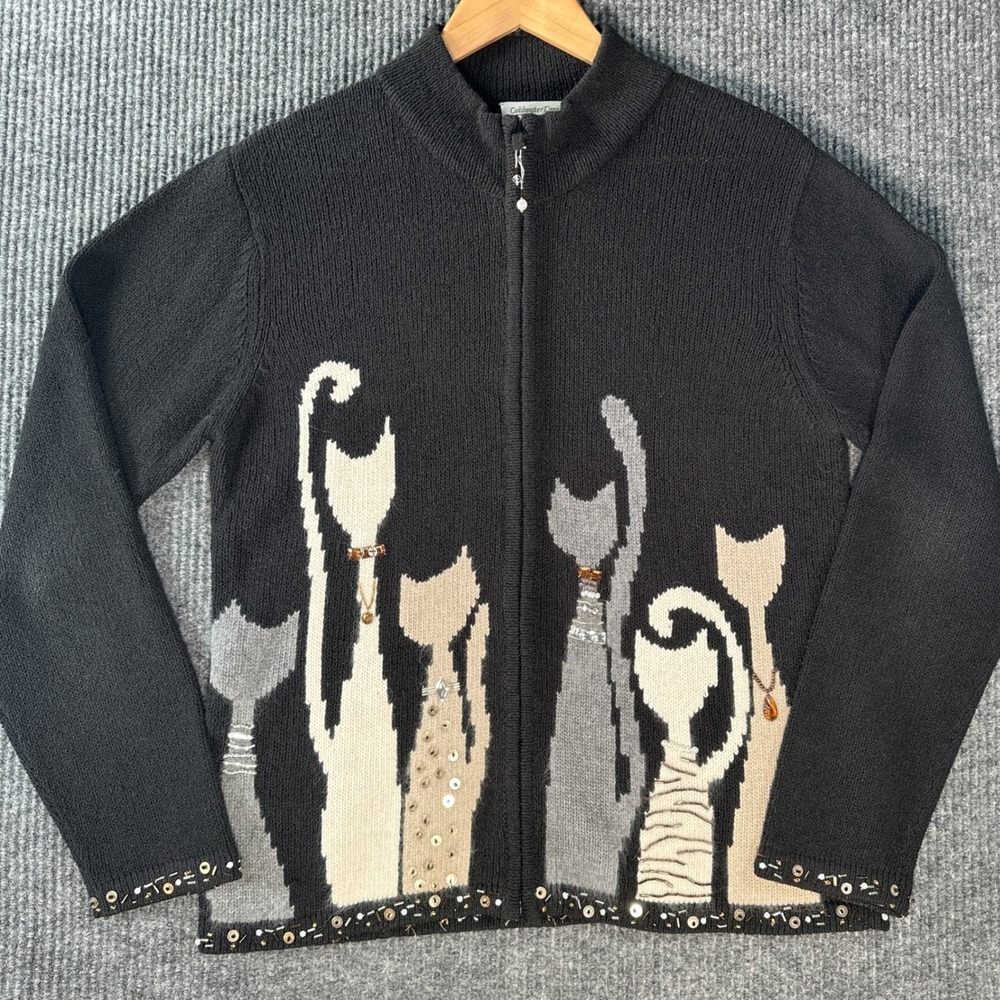 Coldwater Creek Womens Black Beaded Cat Zip Up Cardigan Sweater Large Ramie